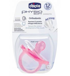 Пустышка силиконовая Chicco Physio Soft ортодонтическая, розовая, 6-12м