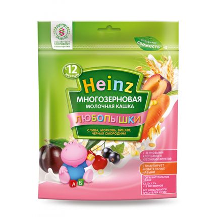 Heinz Кашка "Любопышки" многозерновая молочная со сливой, вишней, морковью и черной смородиной,200гр