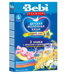 Детская каша Bebi Premium молочная "Сладкие сны" 3 злака с яблоком и ромашкой, с пребиотиками, 200гр