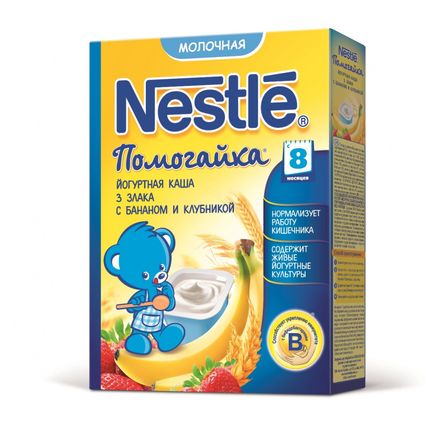 Nestle® Каша "Помогайка"® йогуртная молочная 3 злака с бананом и клубникой, 200гр