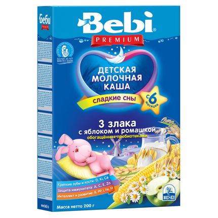 Детская каша Bebi Premium молочная "Сладкие сны" 3 злака с яблоком и ромашкой, с пребиотиками, 200гр